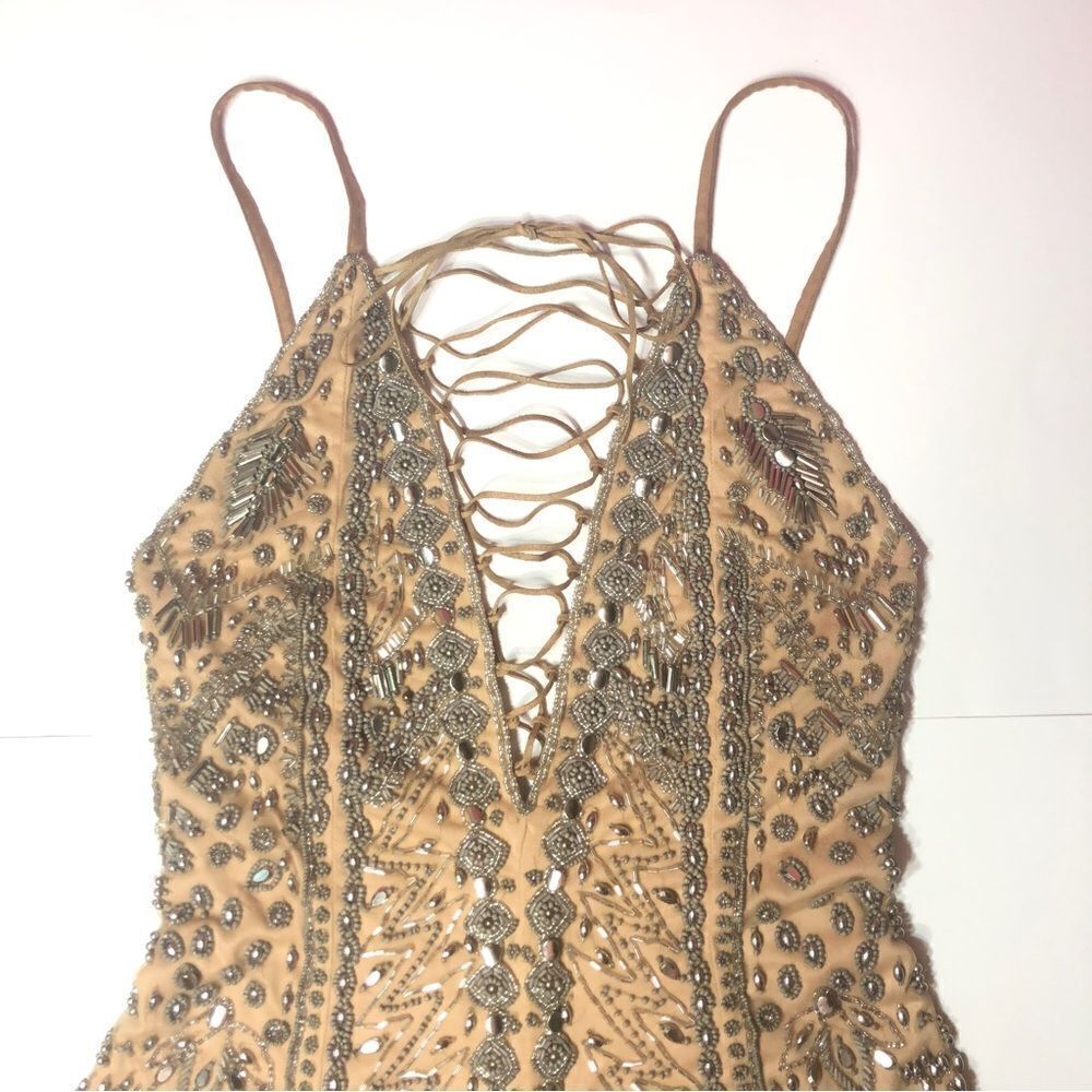 X by NBD Pandora Romper Champagne Allover Beading Plunging Lace Up Festival - Picture 6 of 15